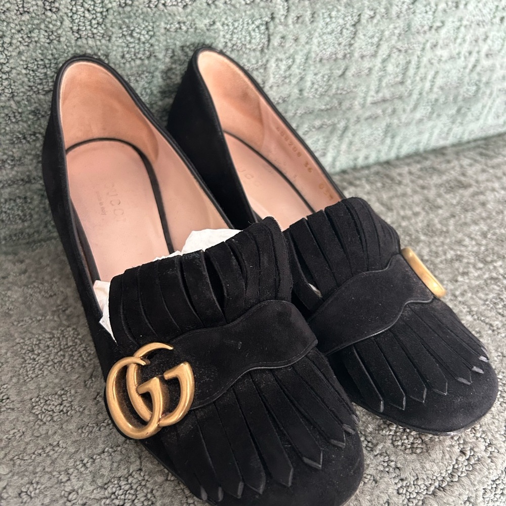 Gucci Marmont GG Black Heels with Gold Accent
